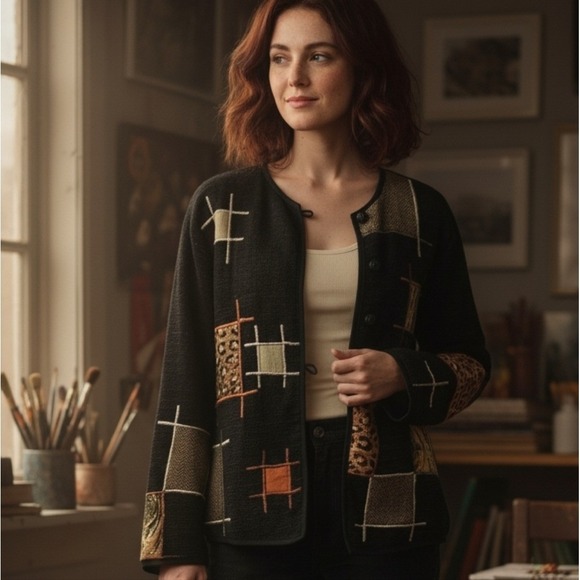 Allure Jackets & Blazers - Vintage 90s Black Tapestry Jacket Geometric Animal‎ Print Patches Artsy Large
